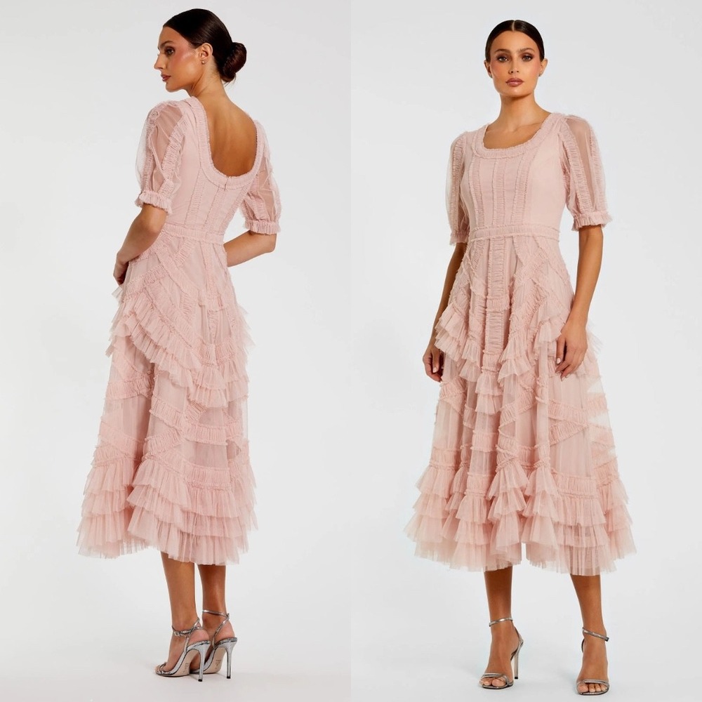 Mac Duggal Pink Short Sleeve Micro Ruffle Midi Dress